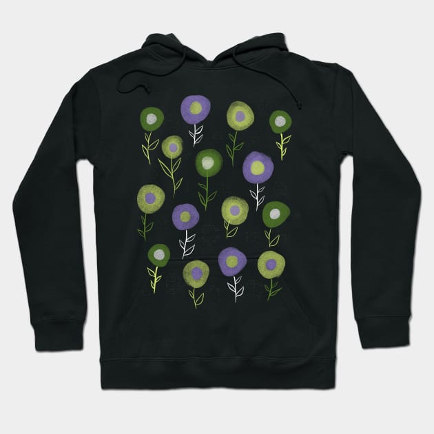 Dark Floral Pattern - Green Purple Round Flowers Hoodie by Boriana Giormova